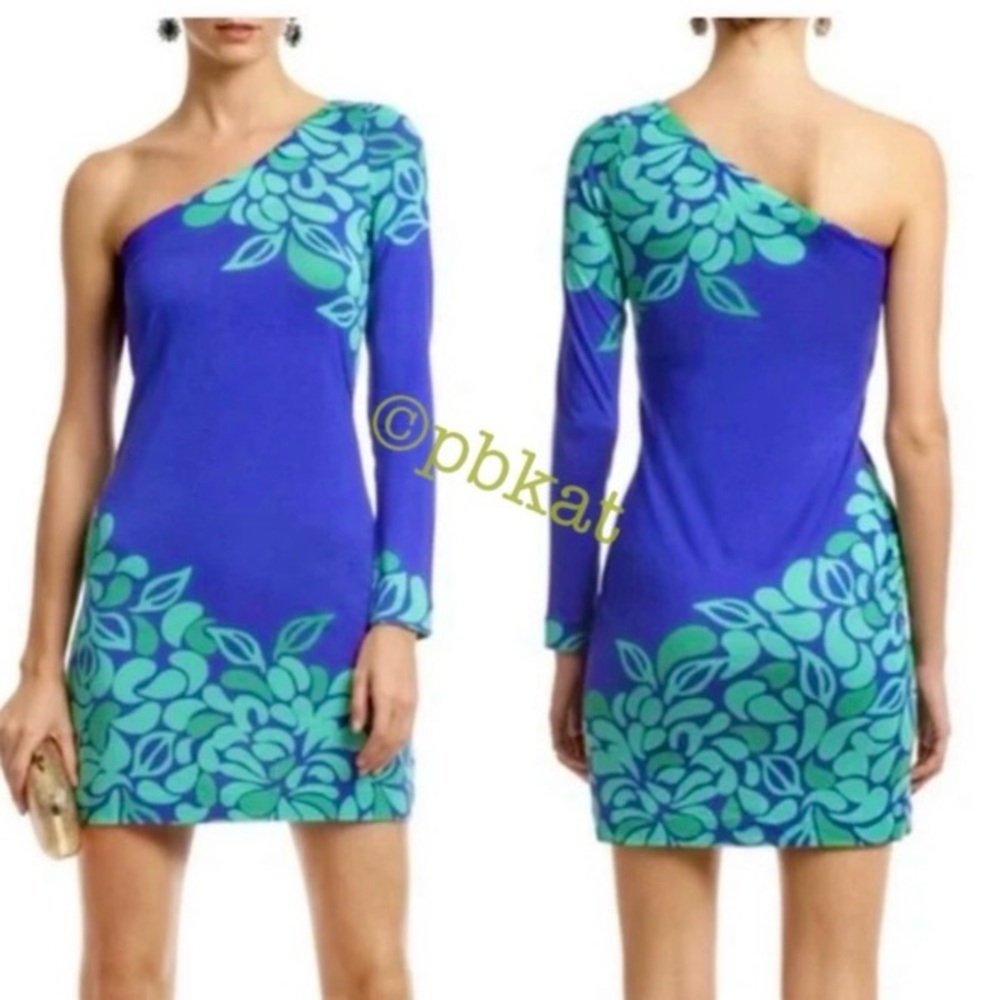 Lilly Pulitzer Palm Silk Blue Blend One Shoulder Dress